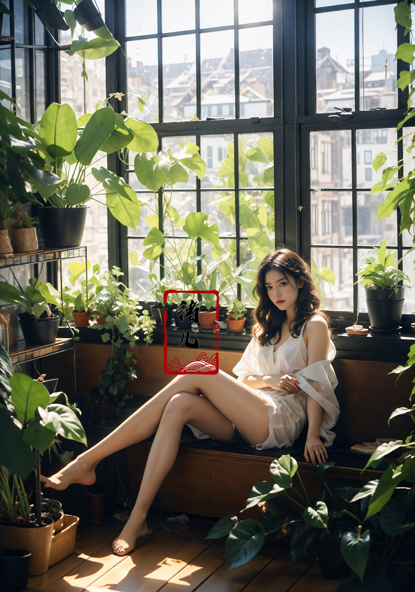 606247209521969363-694732260-1girl,  Milky skin, (shiny skin_1.4)，sit，Crossed legs, Black transparent pantyhose，window，plant，sunlight，no shoes，potted plant，_.jpg